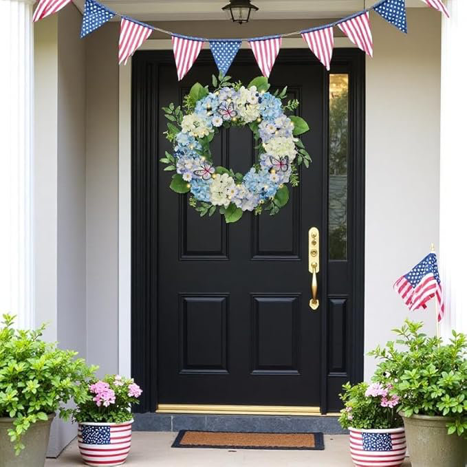  Couronne pliable printemps-été pour porte d'entrée avec couronne d'hortensias en soie bleu clair et blanc avec feuilles d'eucalyptus et papillon pour la maison