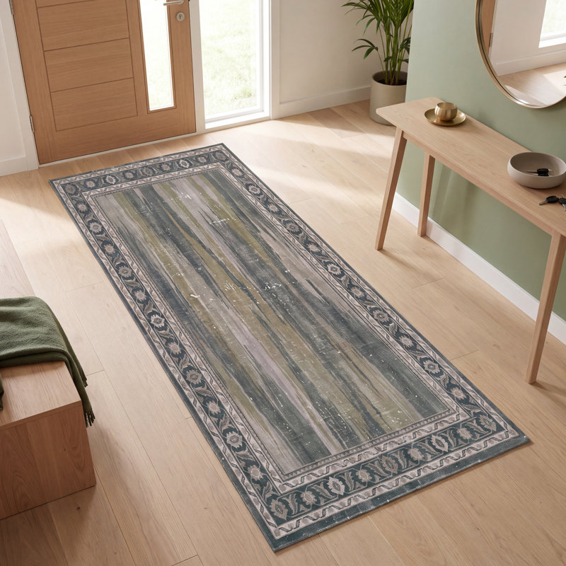 Tapis Haverford moderne à l'aspect vieilli, motif aquarelle abstrait vert, gris et blanc, lavable en machine, antidérapant, à poils courts, pour l'intérieur et l'extérieur, adapté aux animaux domestiques, idéal pour le salon, la chambre, la salle à manger, l'entrée, le couloir ou le bureau.