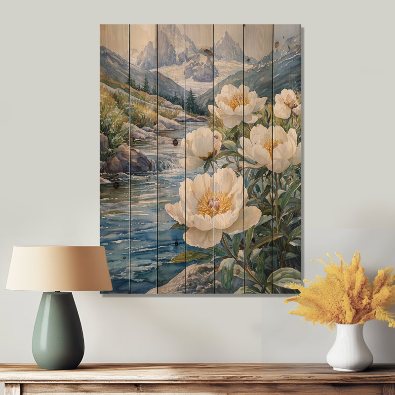 Pivoines et les eaux glaciaires - Art mural en bois de pivoines - sur bois de pin naturel, H 44 po x l 34 po x P 0,78 po