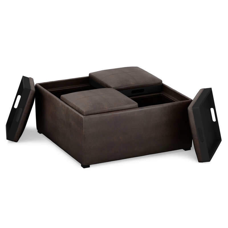 Repose-pieds de rangement pour table basse moderne carrée en cuir végétalien vieilli 35 po avec 4 plateaux Avalon, Noir