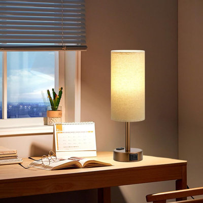 Lampe de table de chevet pour la chambre à coucher - Lampe à effleurement à 3 voies avec ports USB C et prise de courant, abat-jour rond en lin pour le salon, bureau, ampoule DEL incluse