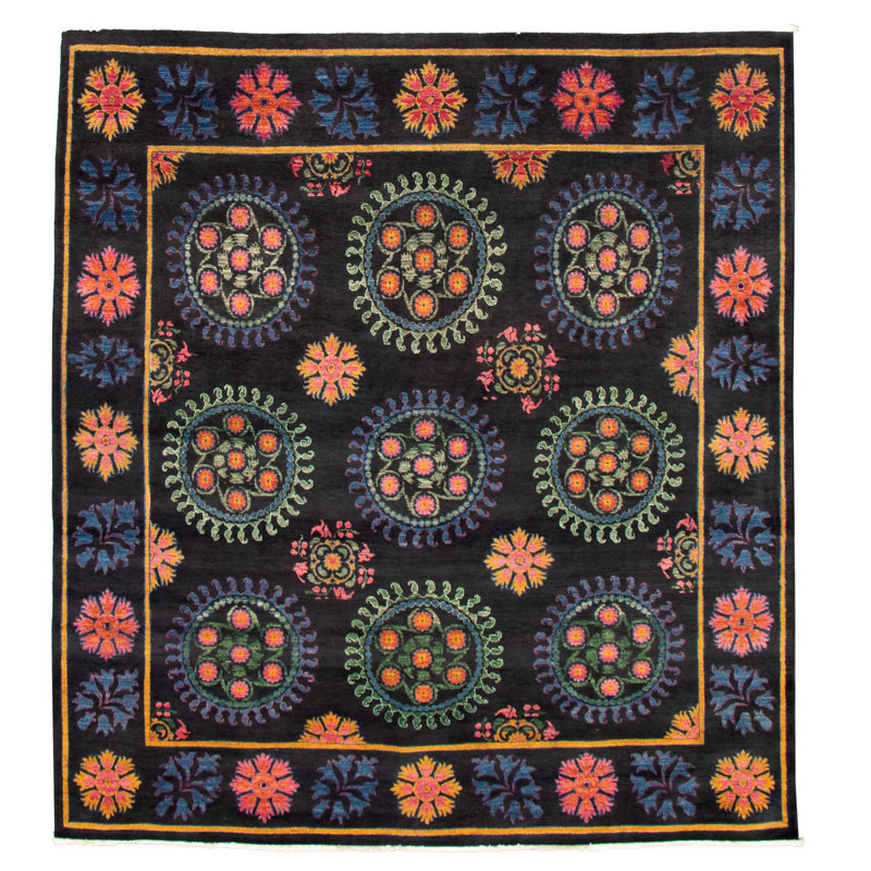 Tapis unique en laine noué à la main noir / vert / saumon 8 pi 8 po x 9 pi 4 po New Age Lahore