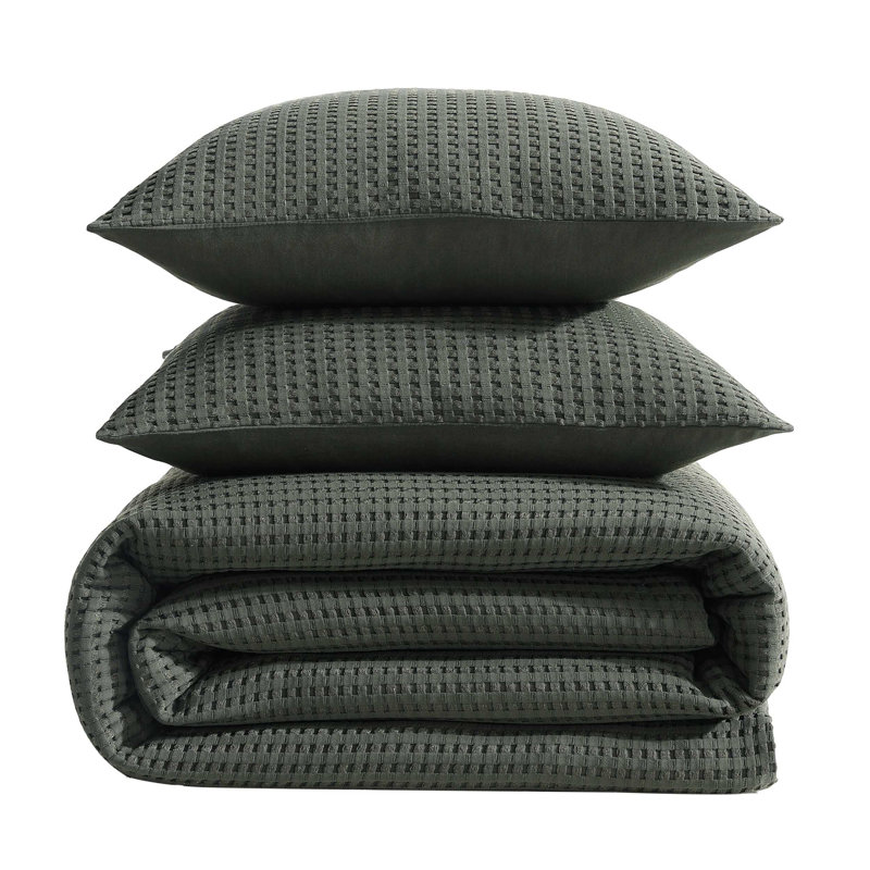 Kenneth Cole Solid Waffle Reversible Comforter Set, King Comforter + 2 King Shams, Green
