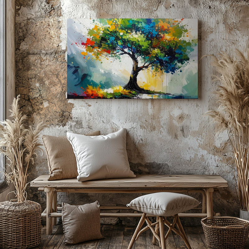 Art mural mural arbre vibrant paysage abstrait avec toile brossée dynamique prête à accrocher, H 9 po x l 12 po