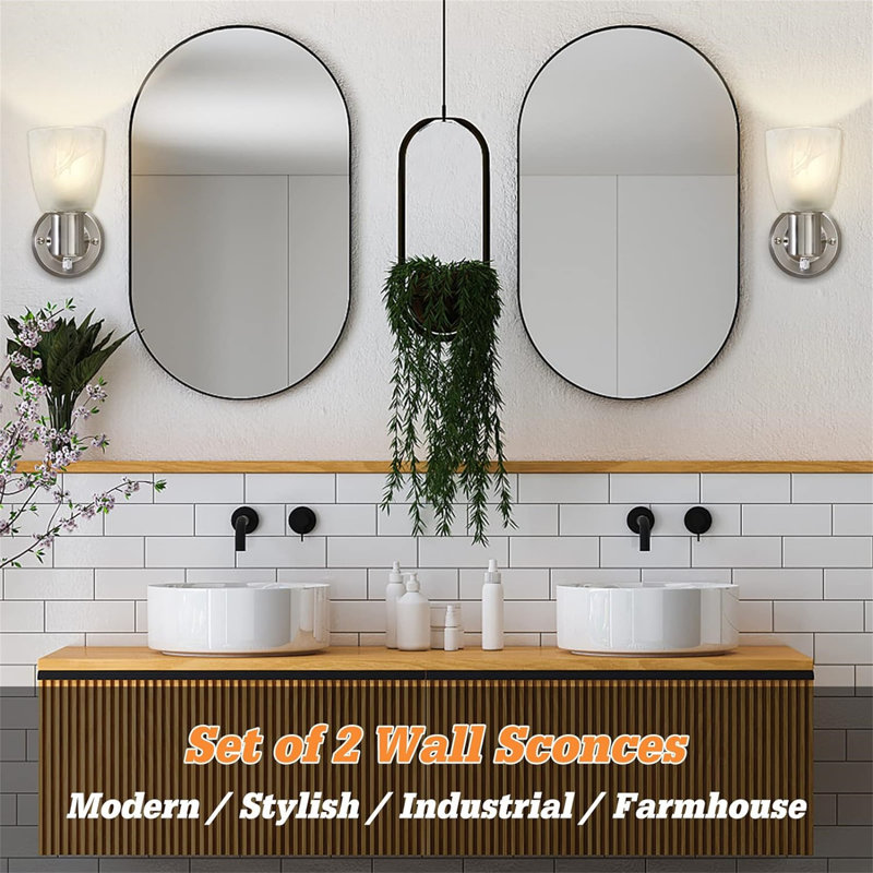 Brushed Nickel Battery Operated Wall Sconces with Frosted Glass