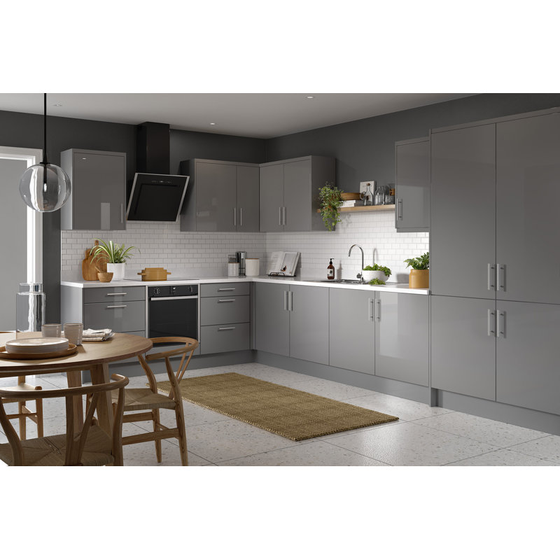 Kitchen Kit Flatpack Slab Gloss Base Unit Blind Corner, 87cm H x 100cm W x 57cm D, Dust Grey