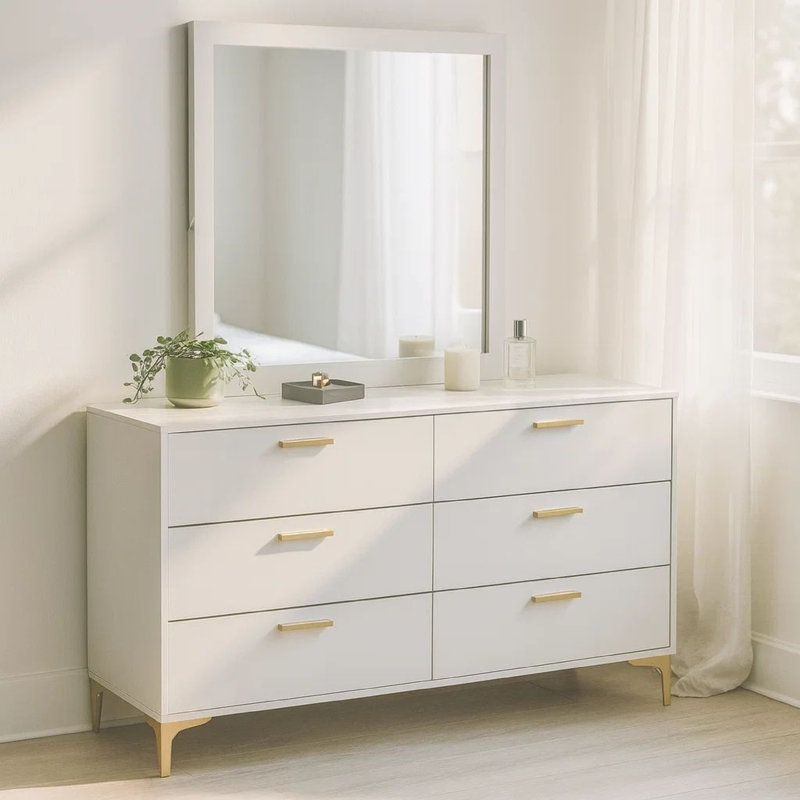 Dle Wide Dresser With Mirror, Gold Bracket Legs, Modern White Finish, White