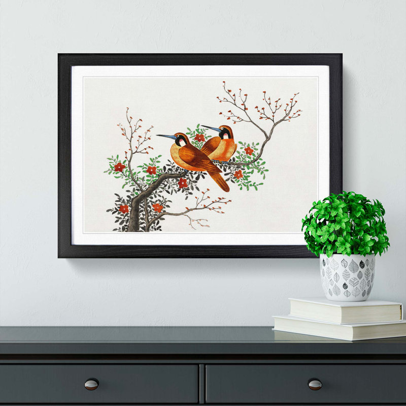 Two Birds on a Flowering Tree - Framed Print, 27cm H x 36cm W x 2cm D, Black Framed