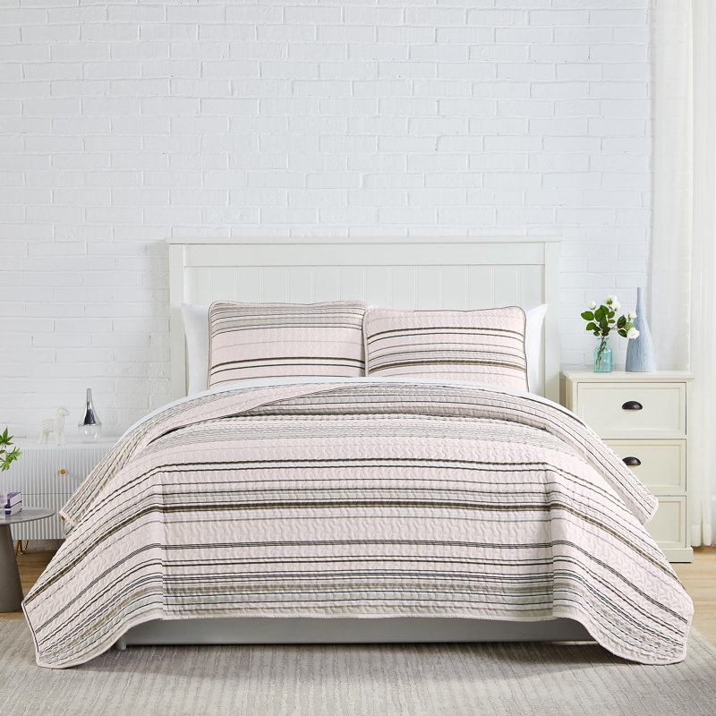 Coastal Stripes Collection Reversible Quilt Set, Queen Quilt + 2 Standard Shams, Taupe