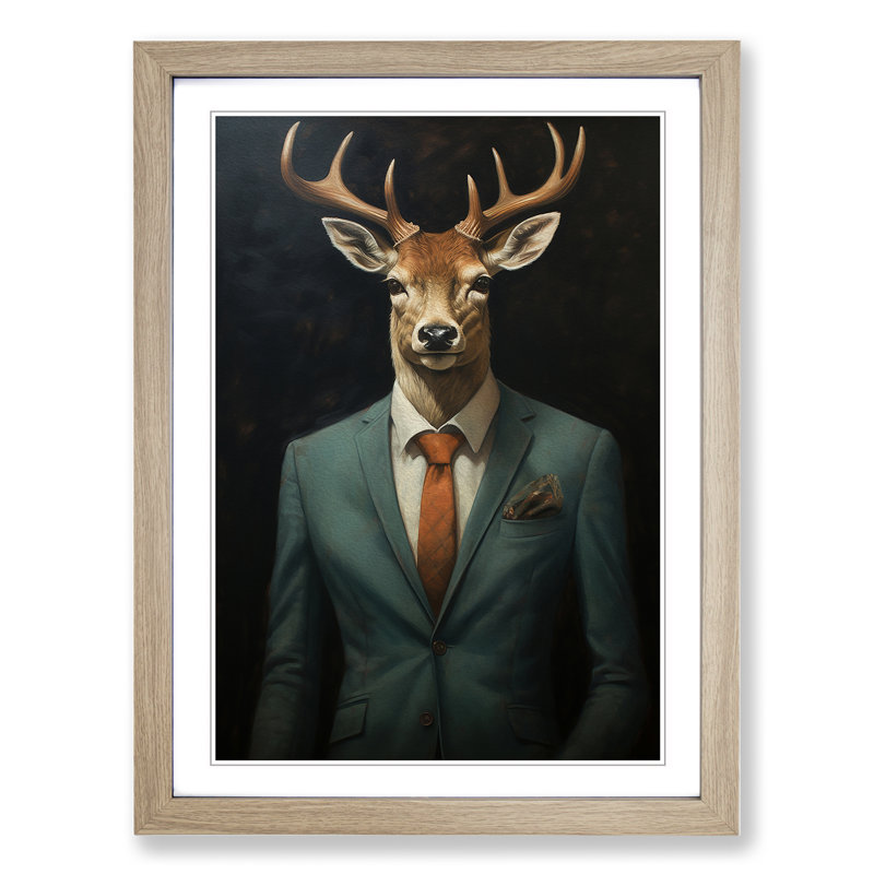 Deer In A Suit No.2 - Single Picture Frame Print on Wood, 64cm H x 46cm W x 2cm D, Oak