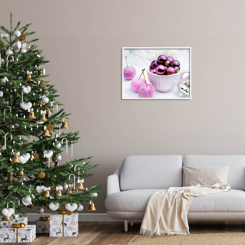 Ornements de Noël roses scintillants at-257, H 24 po x l 30 po x P 1,5 po, Giclée encadrée blanc bord de mer