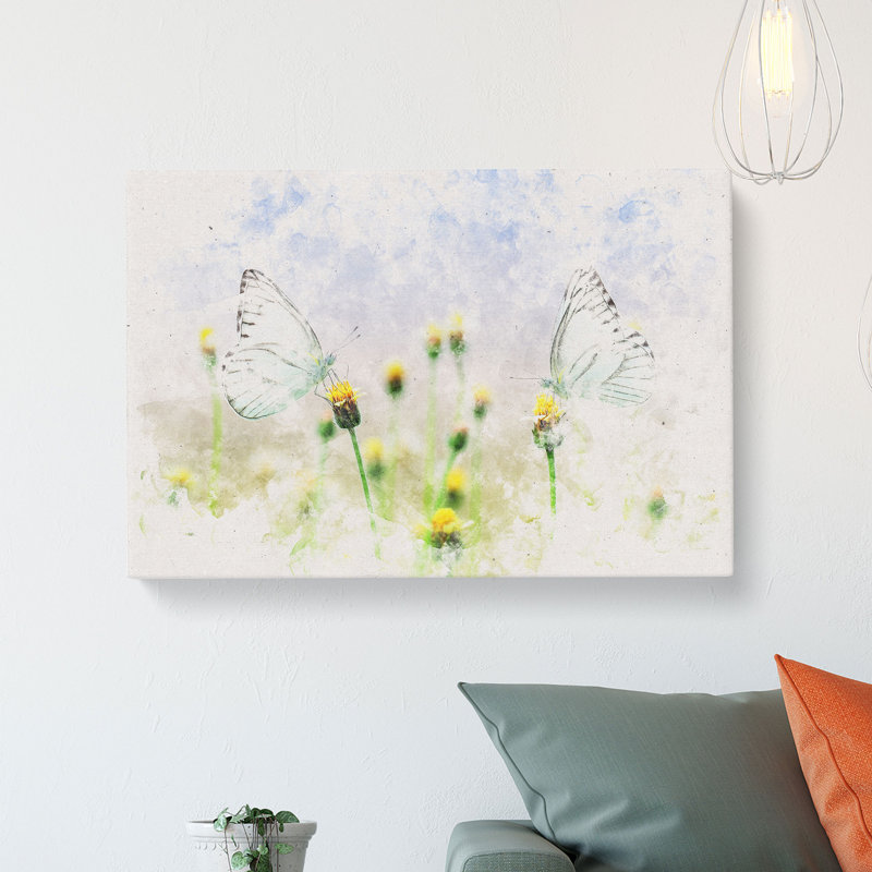 Two Butterflies upon Yellow Flowers - Wrapped Canvas, 40cm H x 60cm W x 3cm D