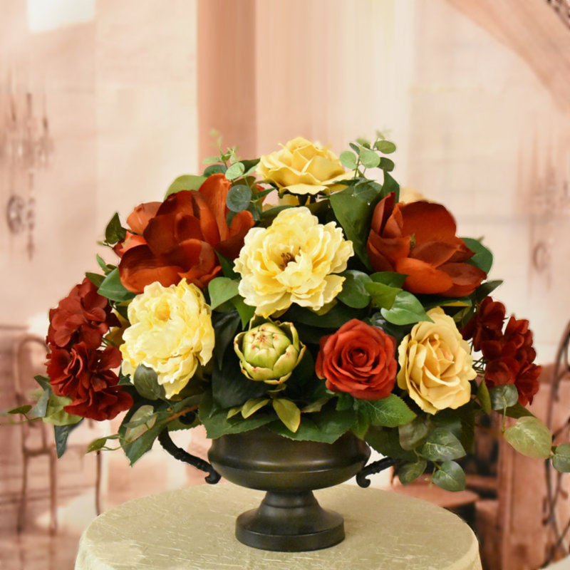 Grand Burgundy Magnolia and Peony Silk Floral Centerpiece