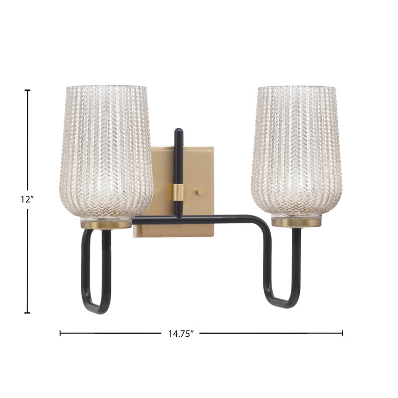 Barre d'éclairage de salle de bain 2 lumières Amarmula, noir mat et laiton vieilli, verre texturé argenté de 5 po