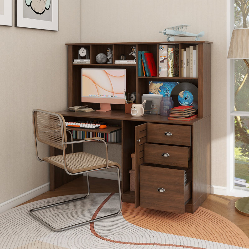 Home Office Computer Desk With Hutch, Walnut