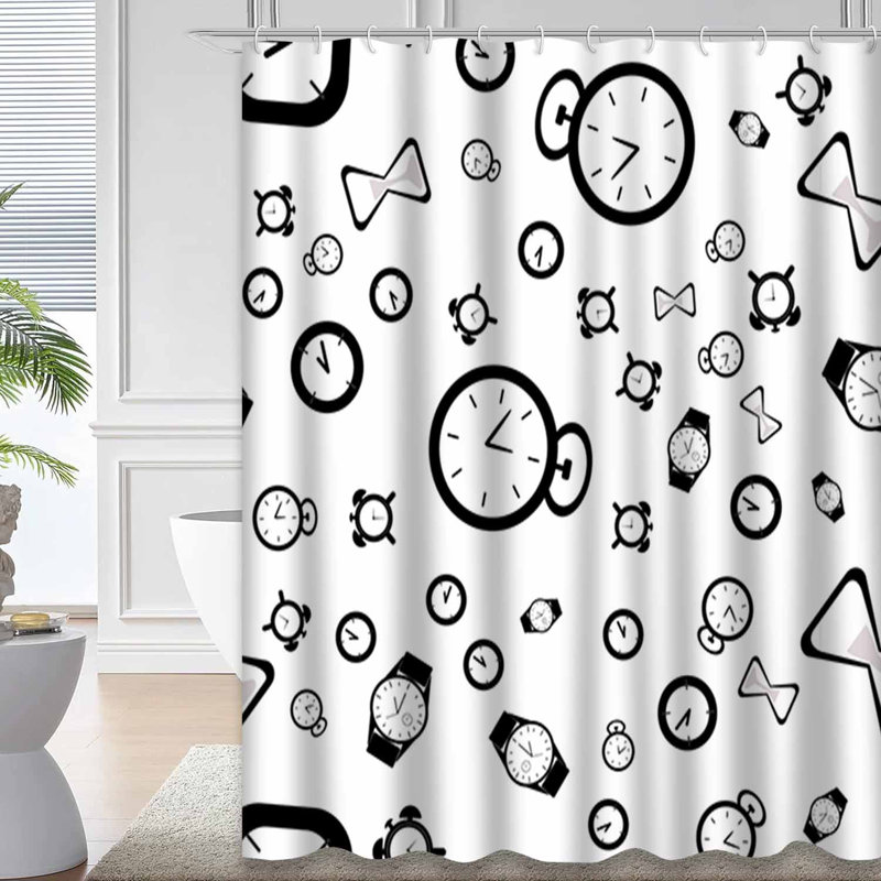 Rideau de douche noir avec 12 crochets Horloge noire, L 72 po x l 78 po