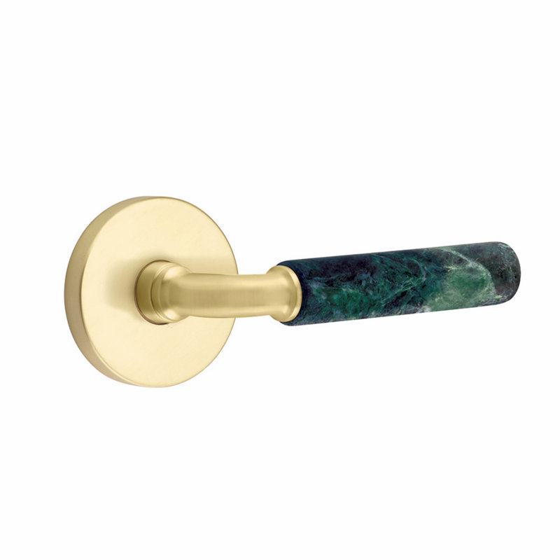 Ensemble de leviers de passage Emtek Select, rosette à disque, tige R-Bar, poignée en marbre vert, CF, Laiton satiné