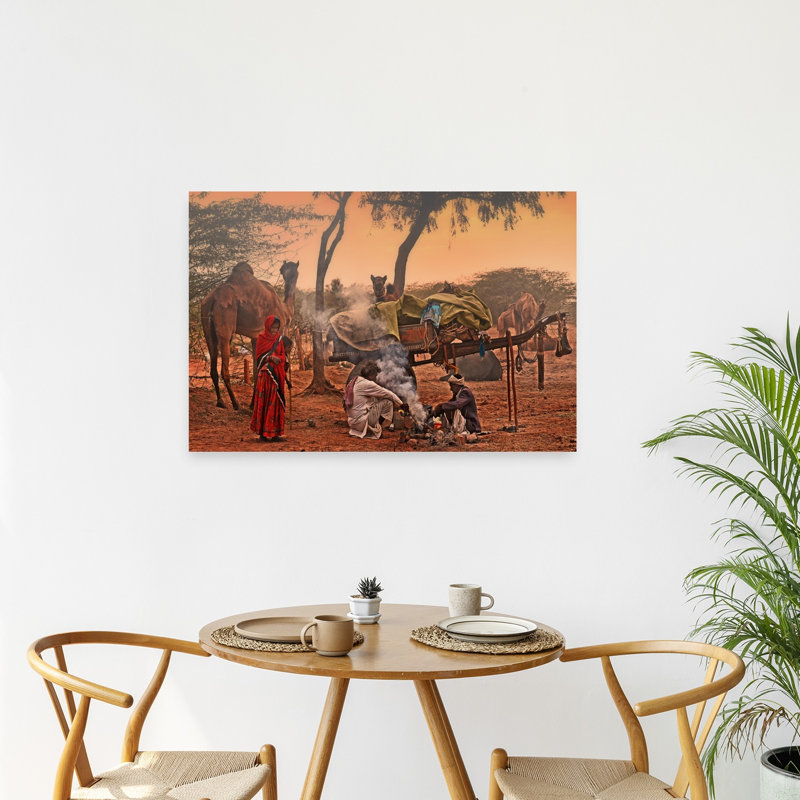 Desert Camp With Camels Rustic Traditional Abstract Landscape Nature Wall Art Print, 24" H x 36" W