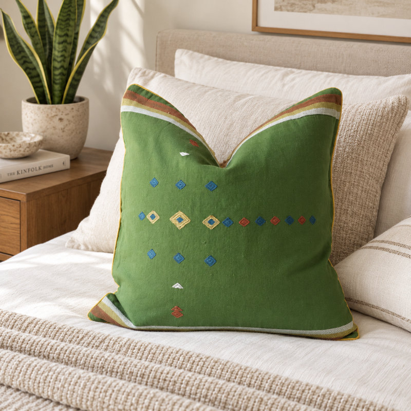 Hand-Embroidered Handwoven Cotton Decorative Pillow Cover with Button Closure