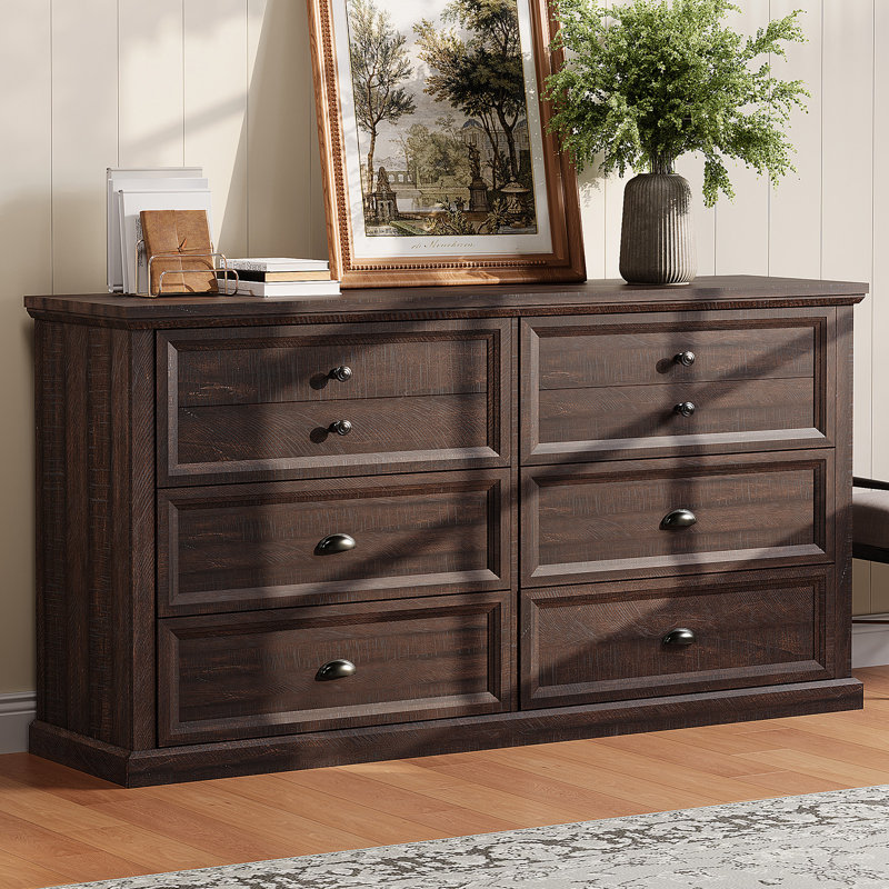 Rustic Brown Medium Wood Farmhouse 58" Six-Drawer Dresser