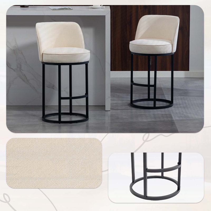 Ensemble de 2 tabourets de bar à hauteur de comptoir, conception de baril moderne avec dossier, tissu en lin rembourré pour le confort des îlots de cuisine