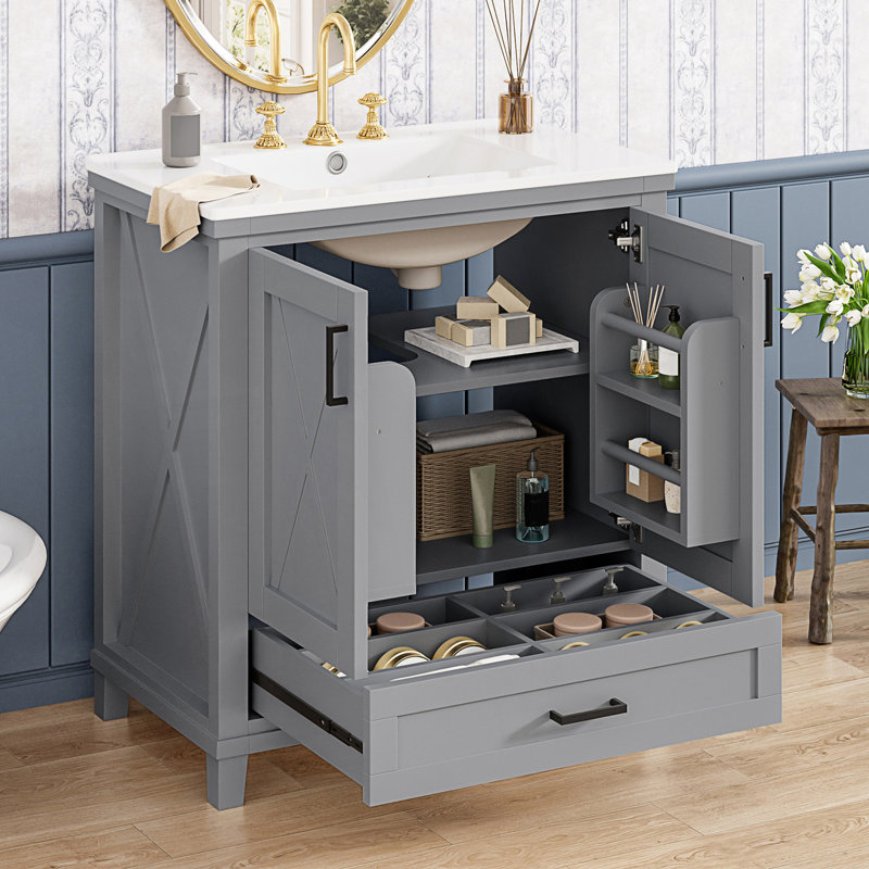 Meuble-lavabo de salle de bain avec lavabo simple, 2 portes à fermeture douce et 1 tiroir divisé