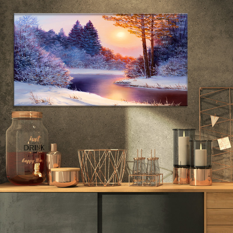 Paysages «Christmas Forest with River», impression, H 16 po x l 32 po x P 1 po, Toile tendue