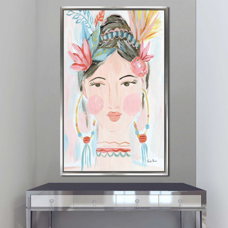 Boho Lady II - peinture, Cadre flottant argent, H 51,5 po x l 31,5 po x P 2 po