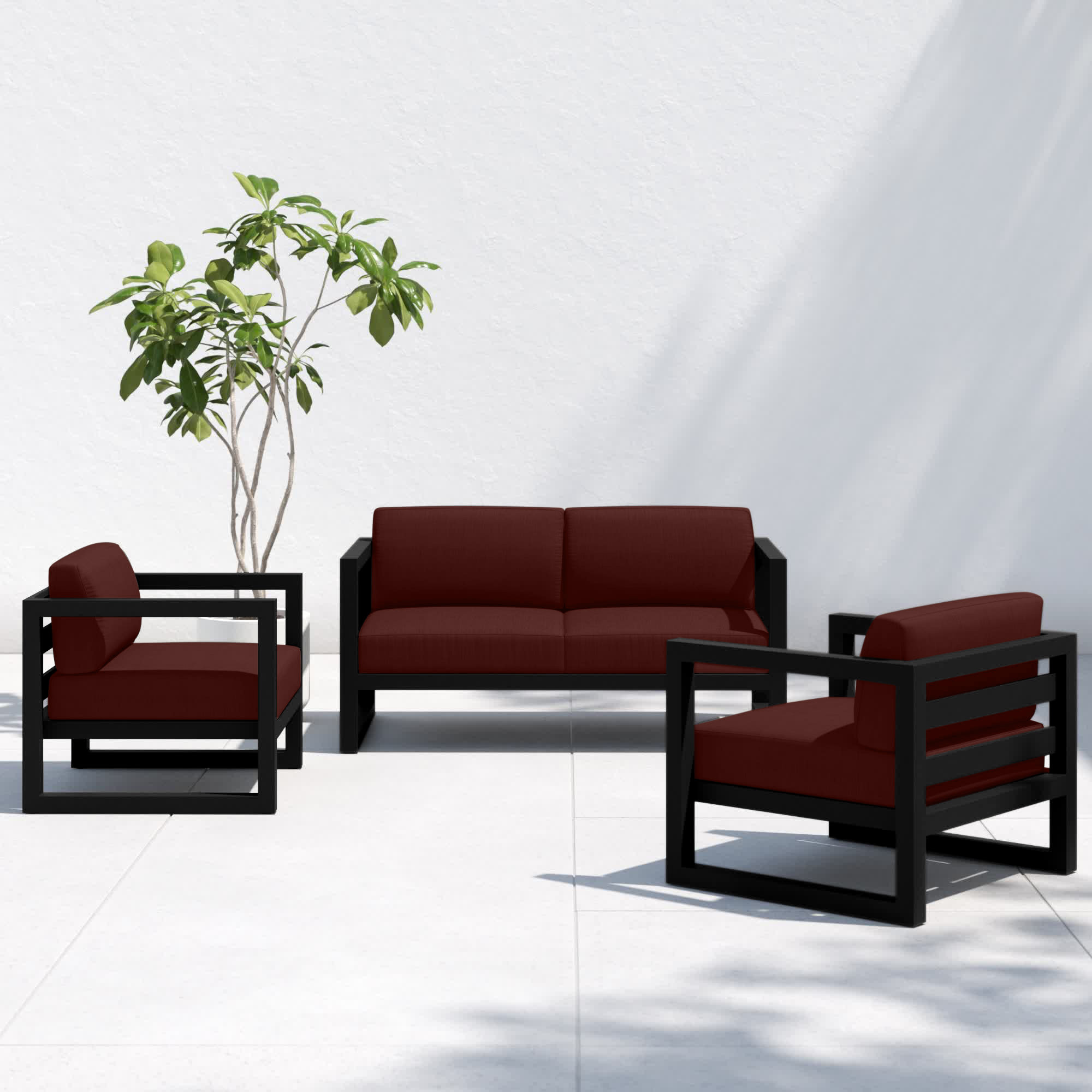 Smith 3 Piece Sofa Seating Group with Sunbrella Cushions, Canvas Henna, Black