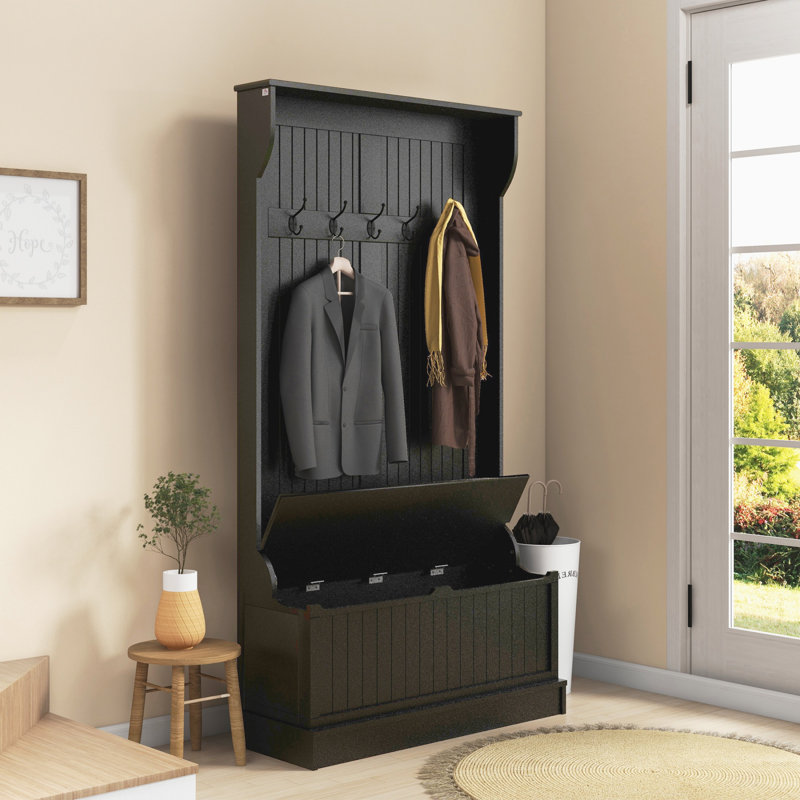 3-In-1 Entryway Hall Tree With Storage Bench, Coat Rack, And Shoe Organizer For Mudrooms And Hallways, Black