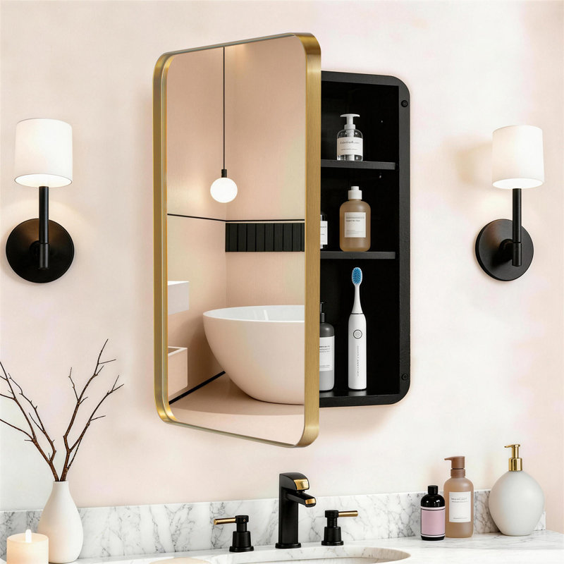 Pharmacie 24 po x 36 po avec cadre en métal avec miroir et tablettes réglables, encastrée ou en surface, Noir mat