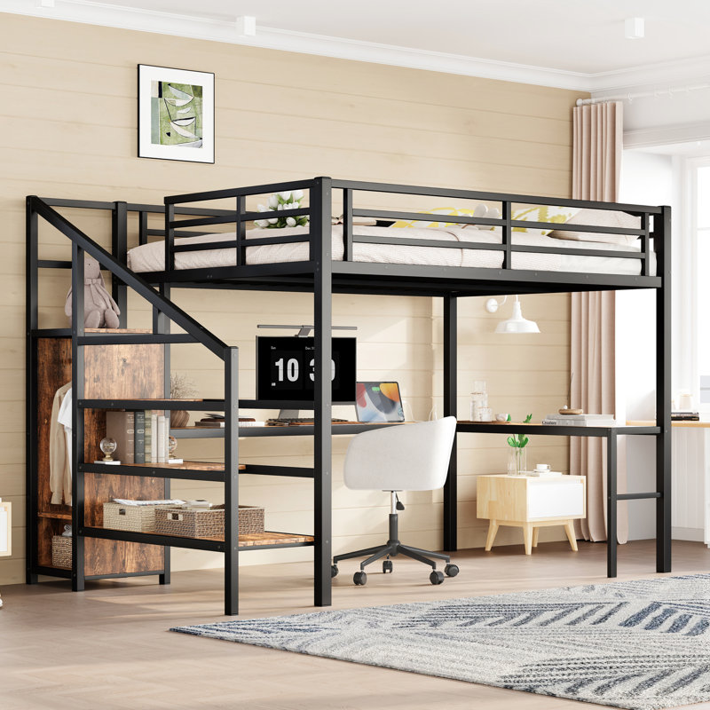 Grand lit mezzanine grand avec espace de lecture en L, tablette à DEL et tablette ajustable - espace de travail confortable, bureau, sommeil créatif