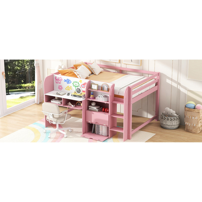 Lit mezzanine double pleine grandeur, rose, avec bureau intégré, armoires de rangement, bibliothèque, tableau blanc pour griffonner, assemblage facile et lit rose spacieux à trois compartiments, tablettes ouvertes, espace disponible