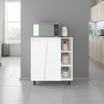 Garde-manger moderne autoportant blanc avec armoire à 2 portes, 3 tablettes ouvertes latérales et surface pour micro-ondes, optimisé pour les salles à manger, matériau en panneau de particules, largeur compacte de 32,38 po