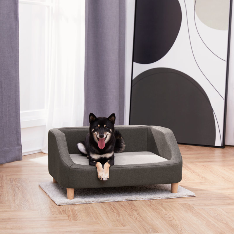 Gray Linen Elevated Pet Sofa with Washable Cushion
