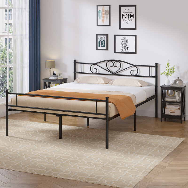 Kempst 3 Piece Bedroom Set, Black Metal Bed Frame with 2 Open Shelf Nightstands, Metal Platform Bed with Side Table Set of 2, Small Space Bedroom Furniture Set for Apartment, Guest Room, Modern Bedroom