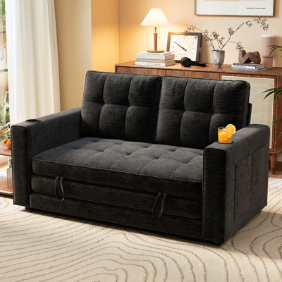 George 55" Upholstered Chenille Convertible Futon Sofa Bed, Fold-Out Loveseat Sleeper with Cup Holder and Storage Pockets