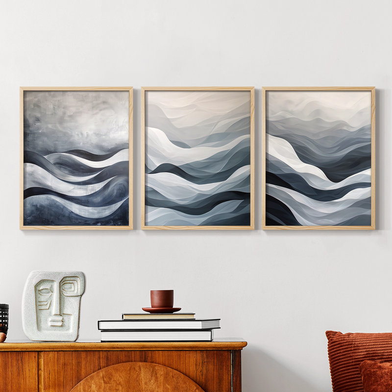 Abstract  Series  CLX  -Set Of 3 Framed Giclee Prints -Ready to Hang, Natural Framed, 10" H x 8" W