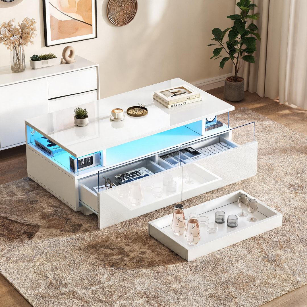 High Gloss White Coffee Table with LED Lights, 1 Drawer & Open Storage, 100x50cm Modern Living Room Centre Table, Sofa Side End Table with App-Control