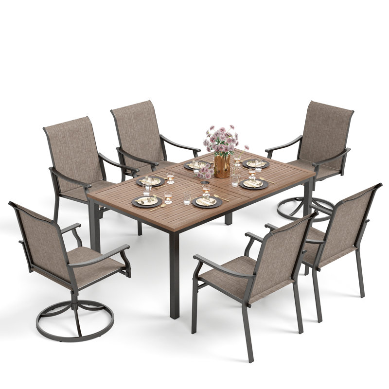 6-seat Rectangle Outdoor Patio Dining Set Wood-like Metal Table With Sling Chairs