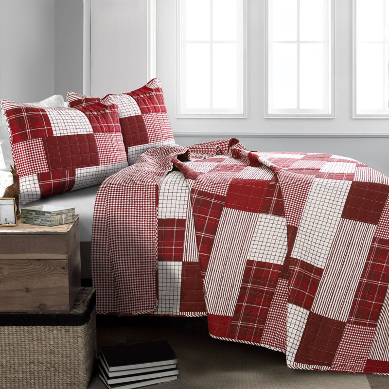 Ensemble de courtepointe réversible en coton Greenville, Courtepointe double / grand et 2 taies décorative, Rouge