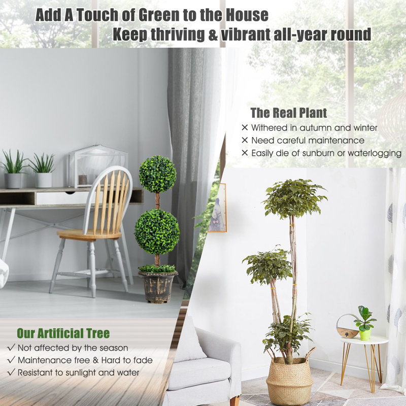 36'' Green Plastic Double Ball Topiary in Cement Pot