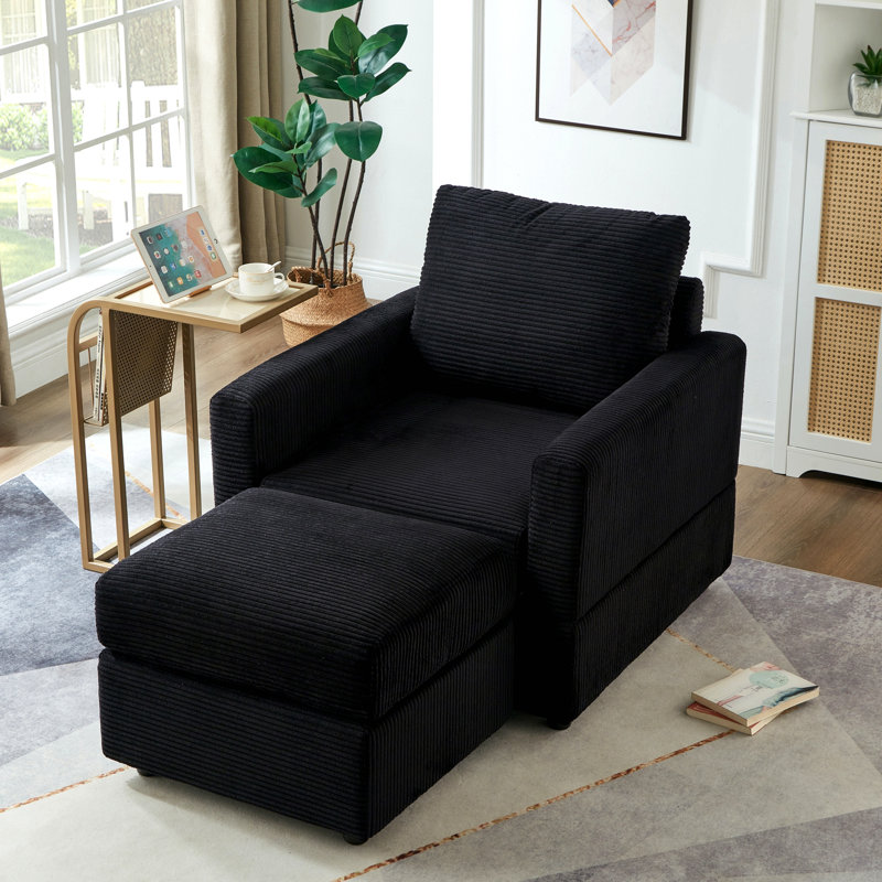 Classic Corduroy Chaise Lounge, Comfy Sofa Chaise Couch Chair, Upholstered Accent Chair With Ottoman For Living Room, Black