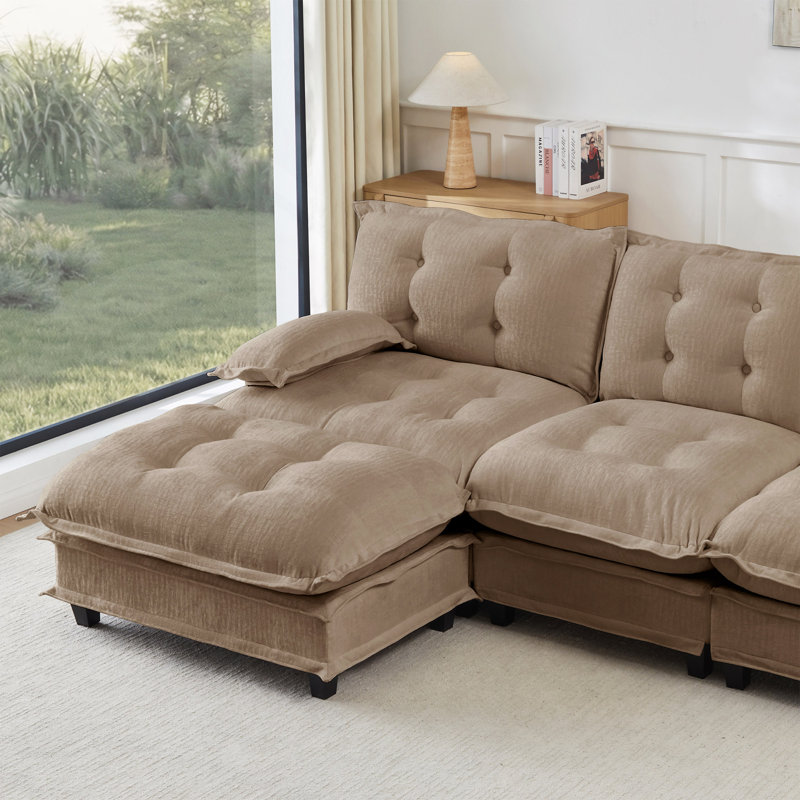 Canapé modulaire moderne avec repose-pieds, canapé et siège en chenille 3 places Modern, Chenille café clair