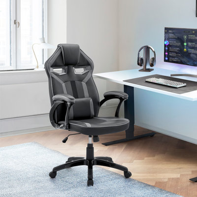 Fauteuil de jeu de course réglable Aspect en similicuir noir et filet gris foncé avec coussin de soutien lombaire