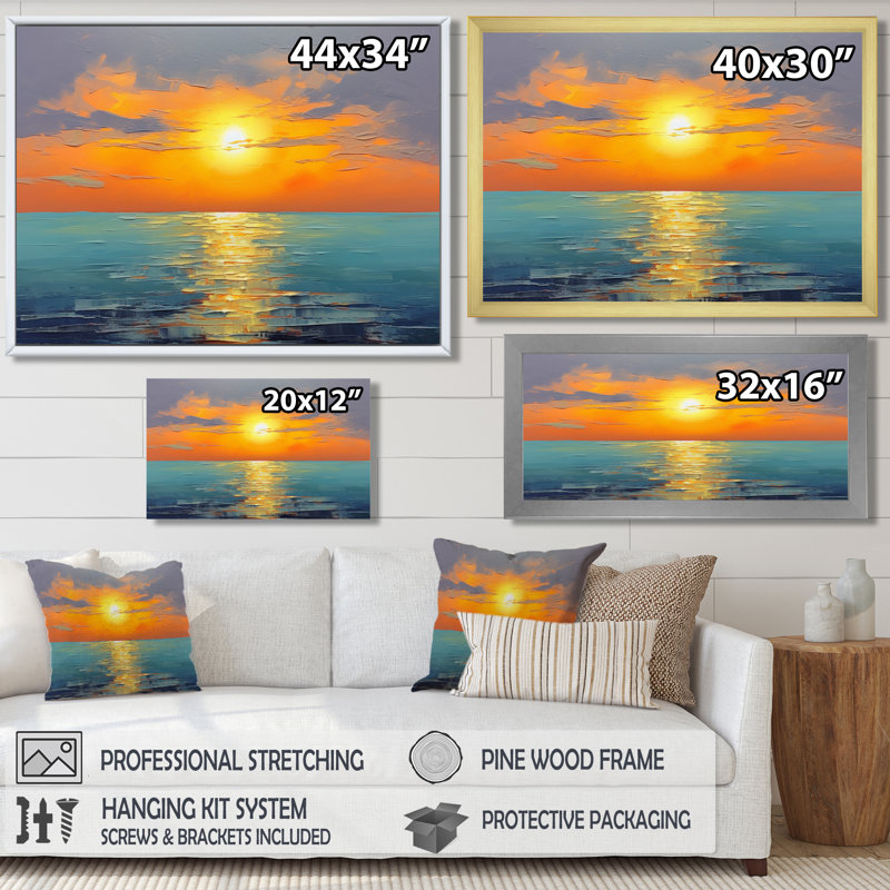 Bord de mer, sérénité orange, coucher de soleil bleu, vagues sereines - coucher de soleil, H 24 po x l 32 po x P 1 po