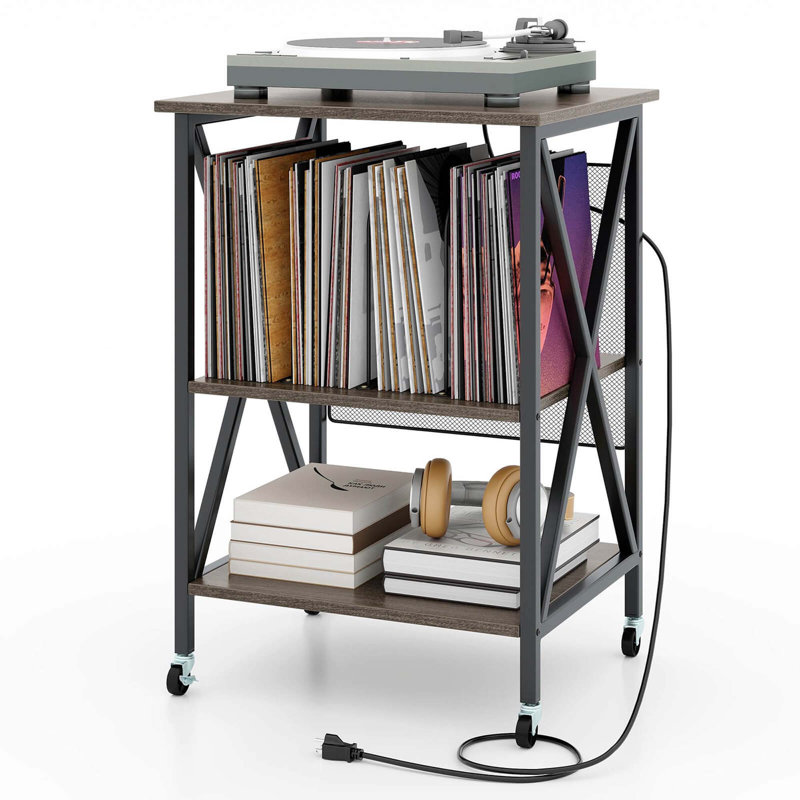 Costway Record Player Stand Vinyl Record Storage Table Holds Up To 120 Vinyl Records, Gray/Black