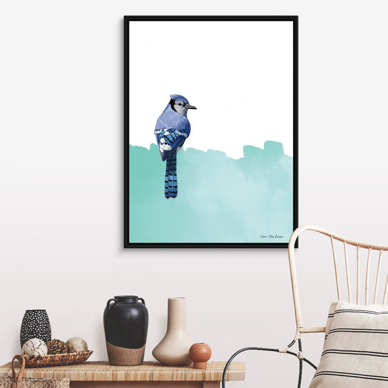 Oiseau sur bleu-reproduction d’art sur toile, Cadre noir, H 42 po x l 32 po x P 1,75 po