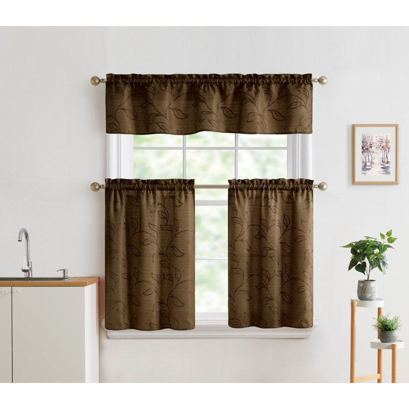 BT668-KC EMBROIDERED JACQUARD KITCHEN CHRTAIN 52X15IN+ 2X26X36IN, Chocolate