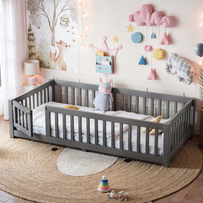 Lit de plancher pour enfants avec garde-corps de sécurité et transition de sommeil indépendante, Gris